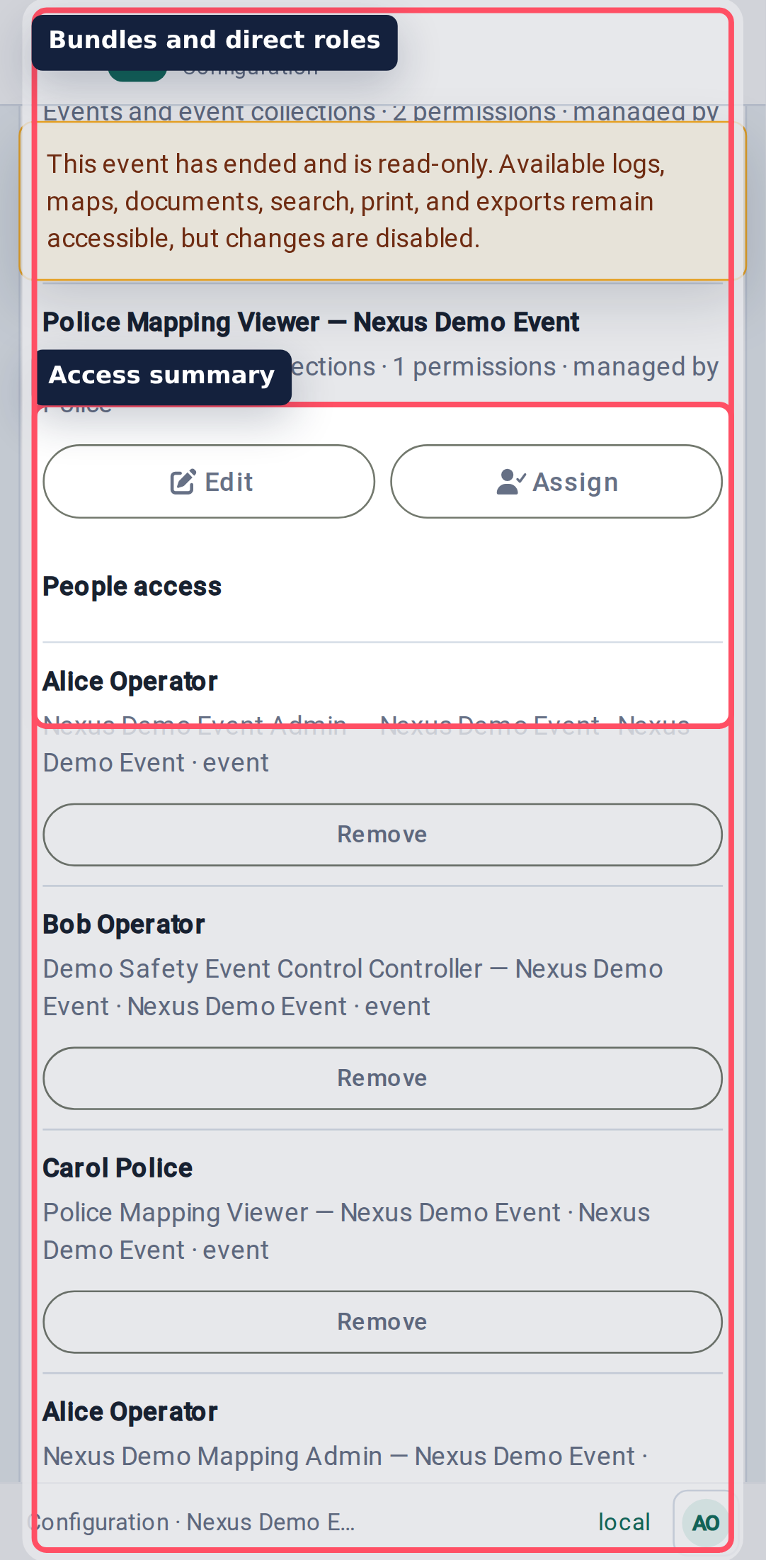 Configure event access mobile view