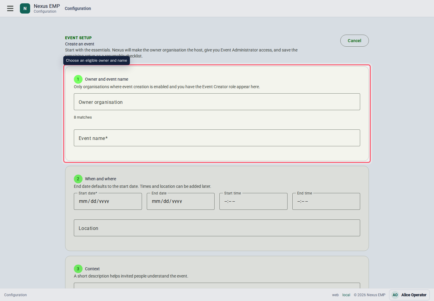 Guided event creation form desktop view