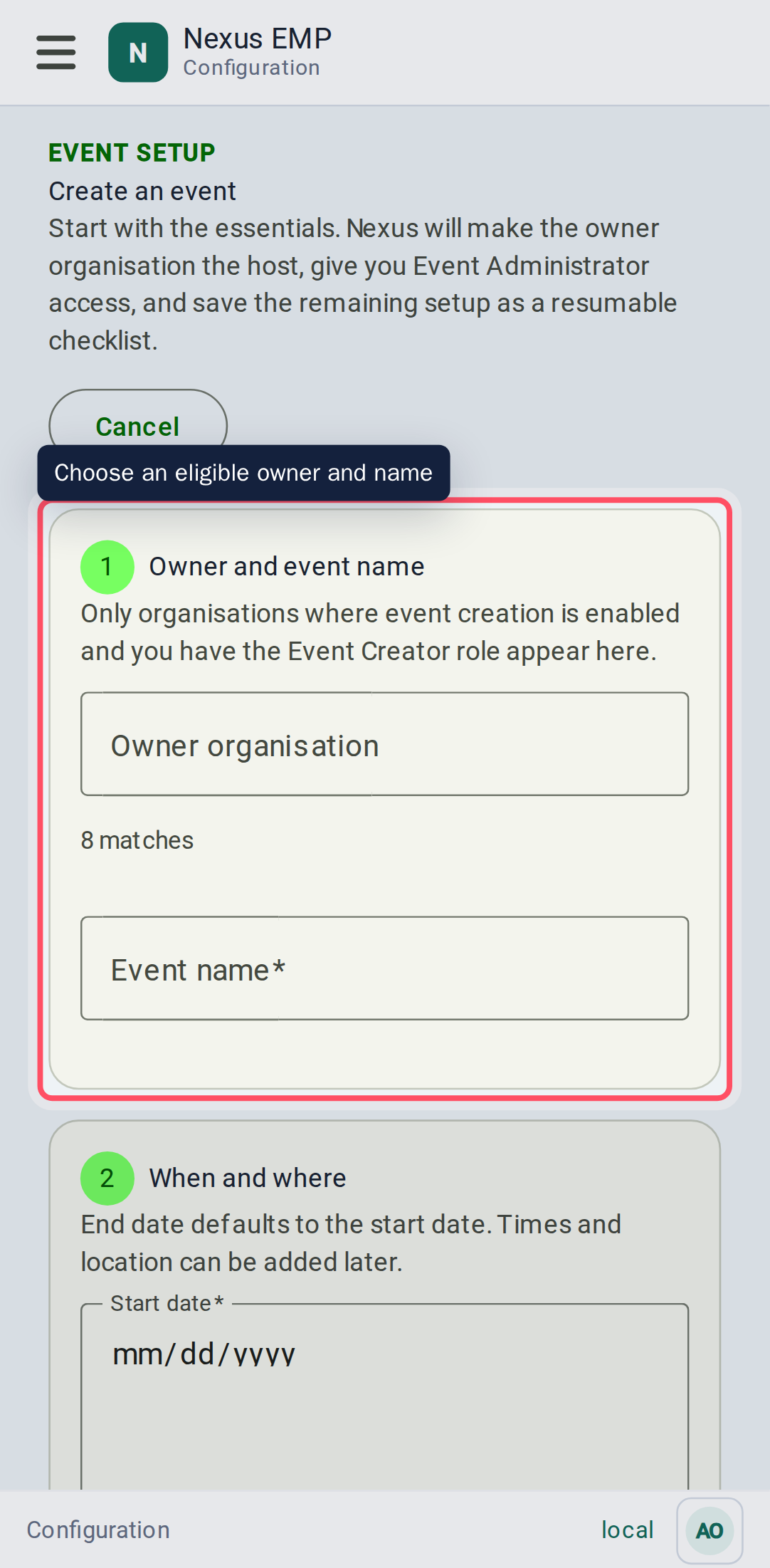 Guided event creation form mobile view
