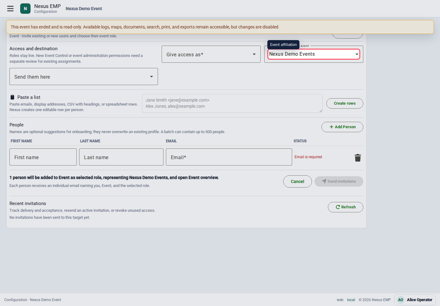Event invitations with the represented organisation selected desktop view