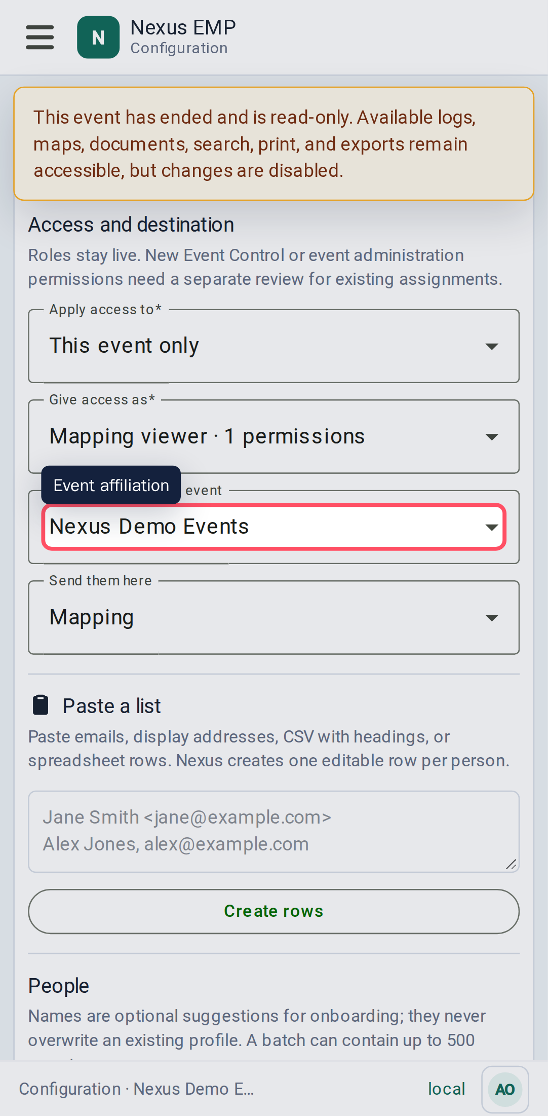 Event invitations with the represented organisation selected mobile view