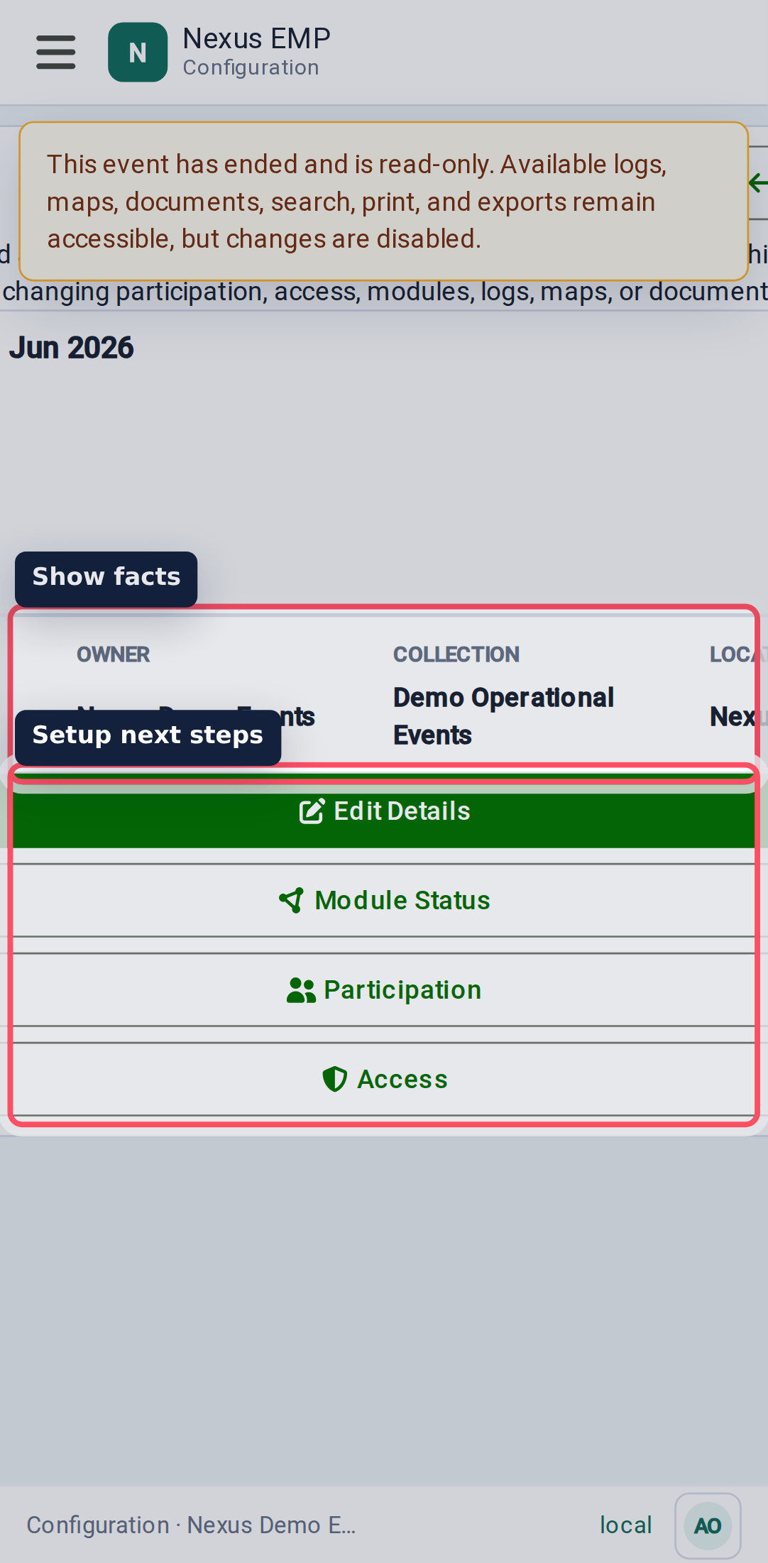 Configure event overview mobile view