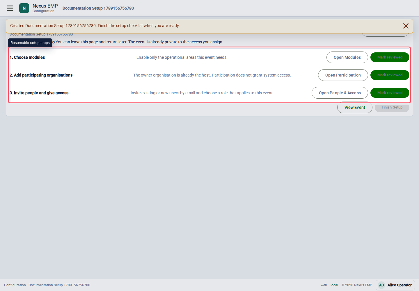 Resumable event setup checklist desktop view