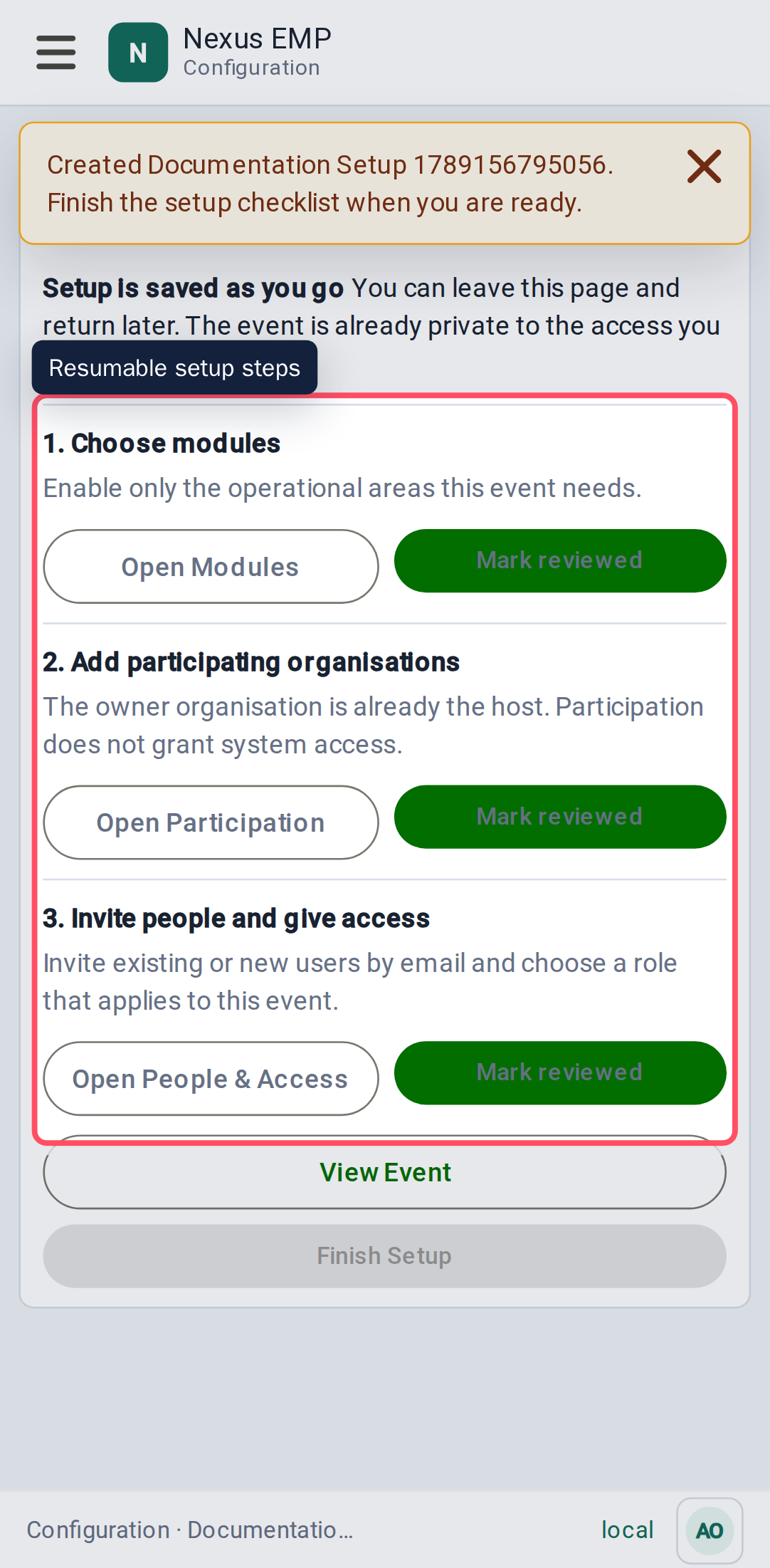 Resumable event setup checklist mobile view
