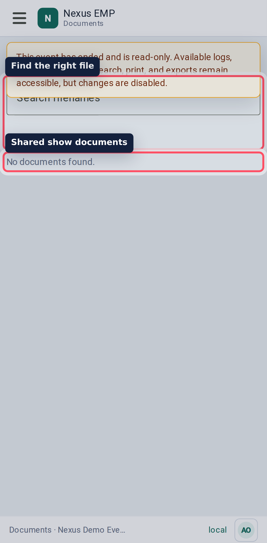 Documents workspace mobile view