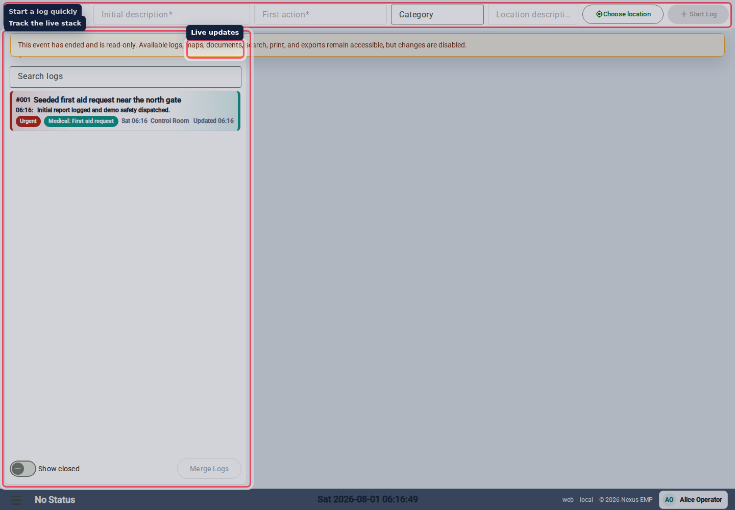 Event Control workspace desktop view
