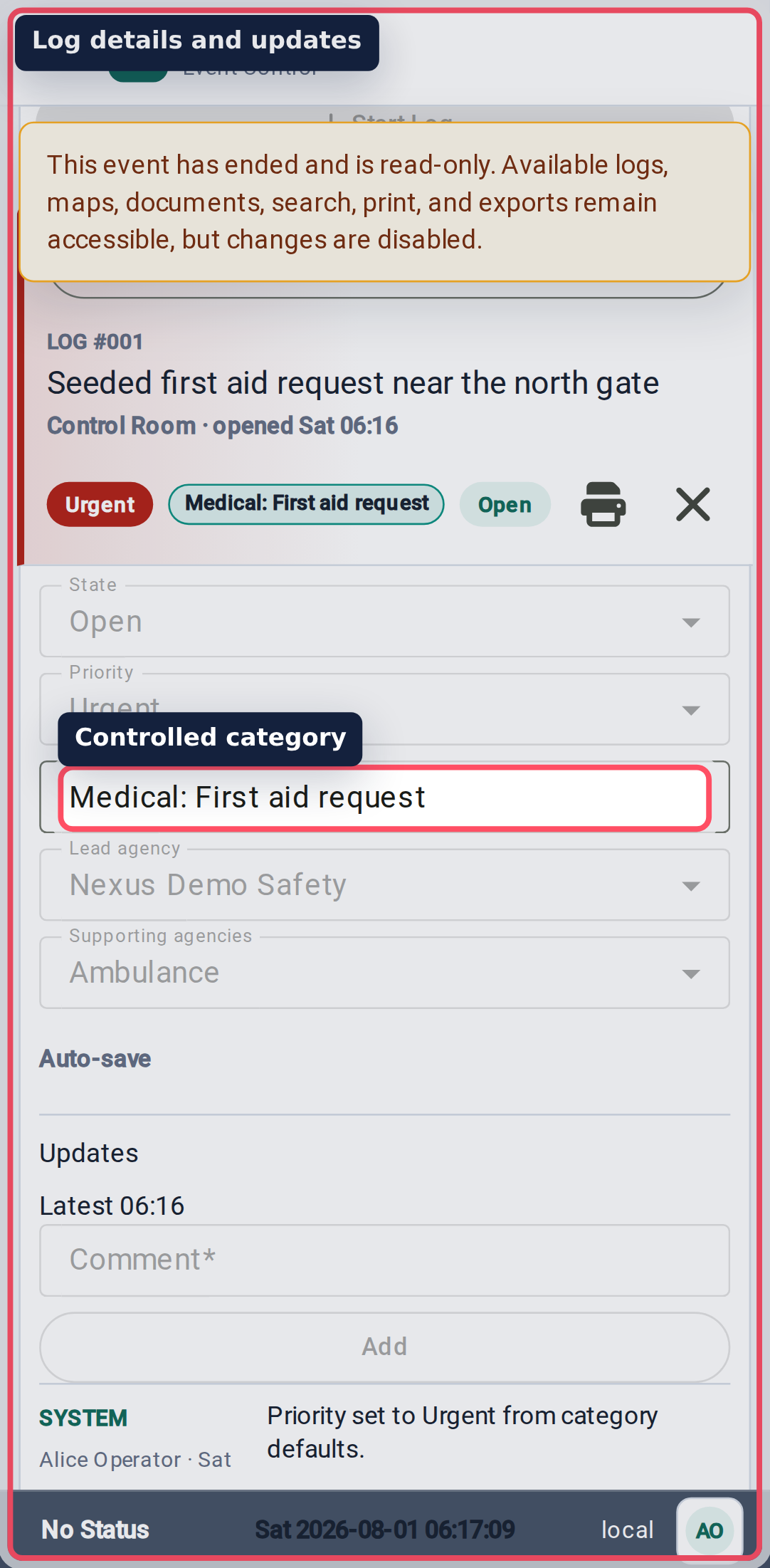 Event Control log detail mobile view