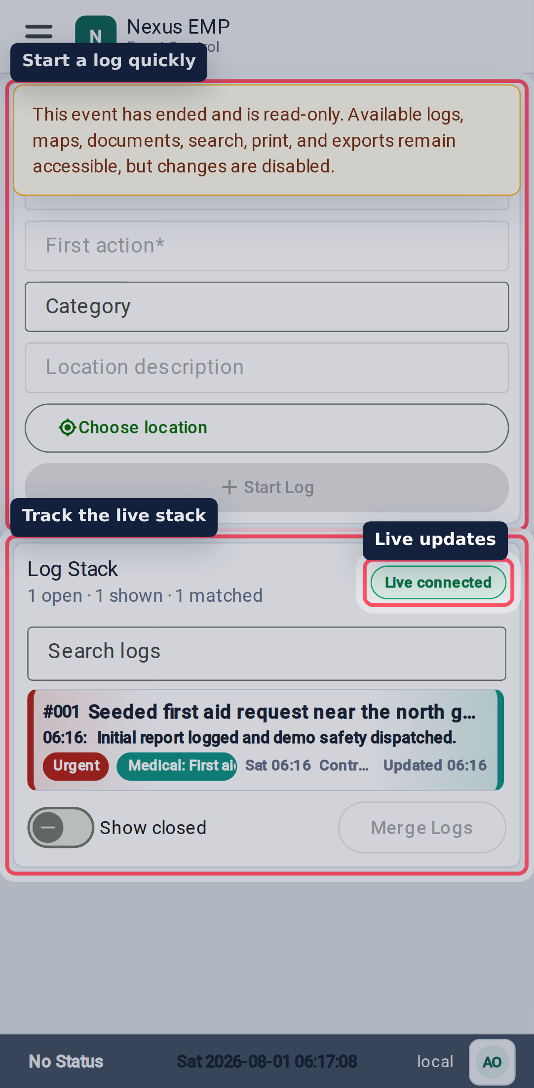 Event Control workspace mobile view