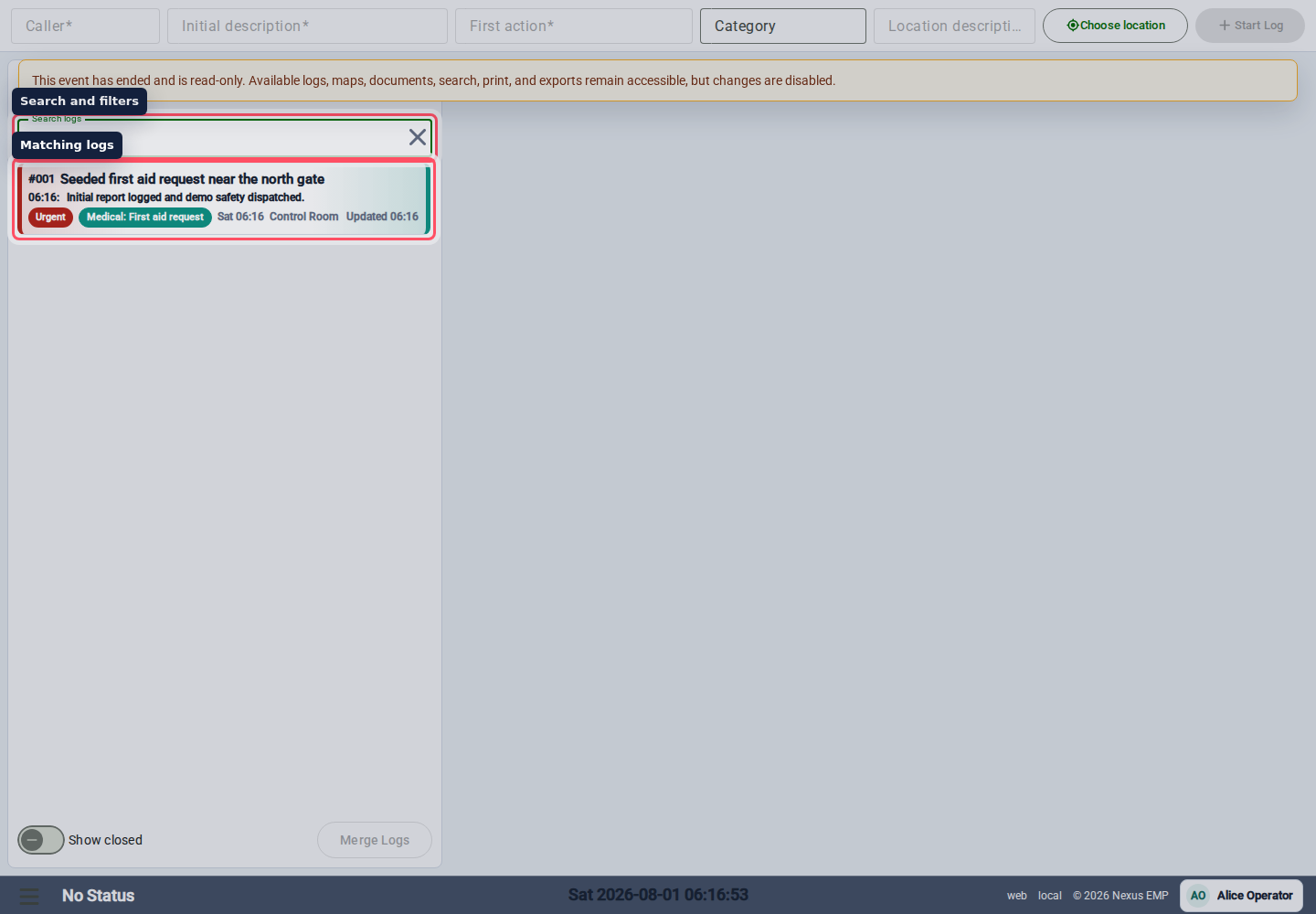 Event Control search desktop view