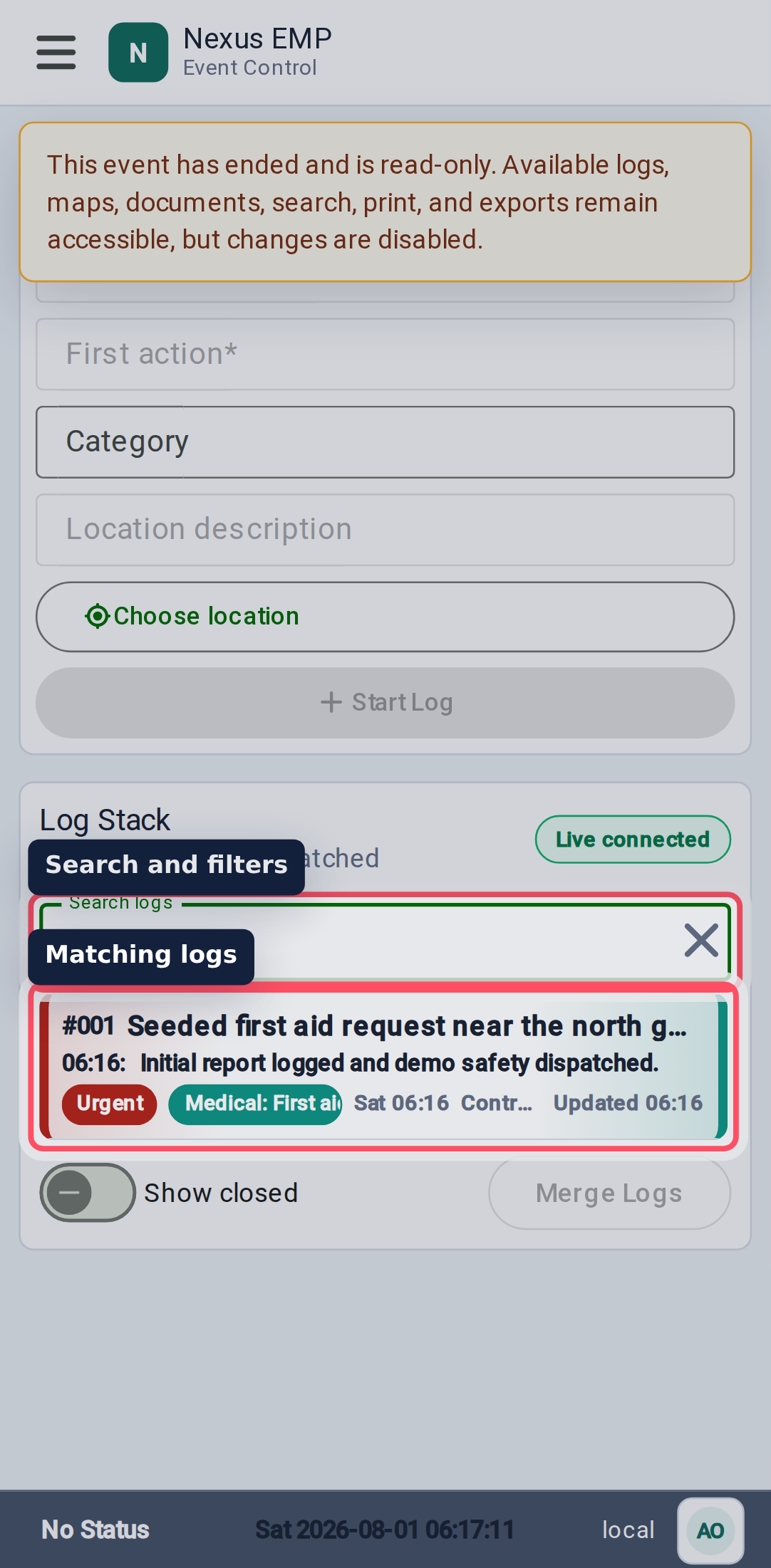 Event Control search mobile view