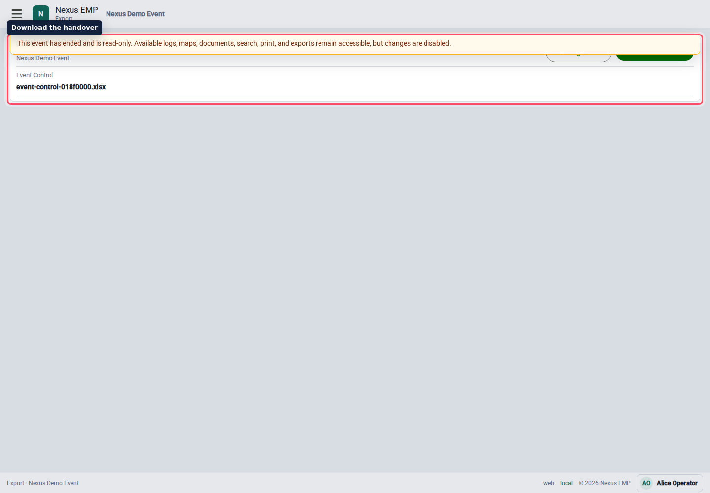 Event Control export page desktop view
